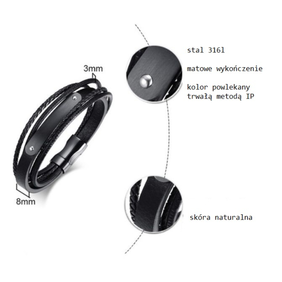 Elegancka czarna bransoletka skórzana z możliwością personalizacji - stal 316L