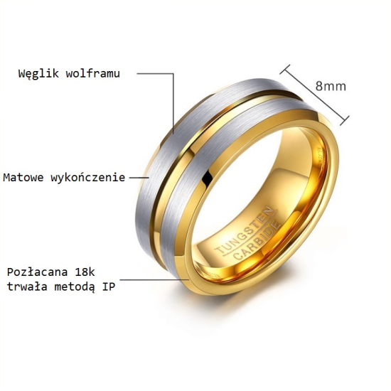 Srebrno - Złota Fazowana Obrączka z Wolframu