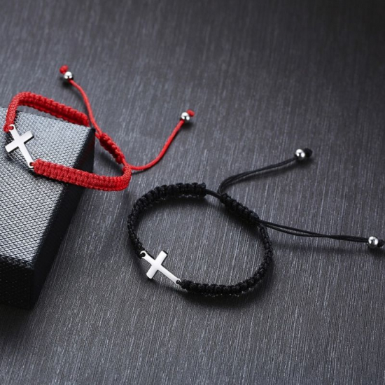 Bransoleta czerwony sznurek woskowany kuleczki + Krzyżyk