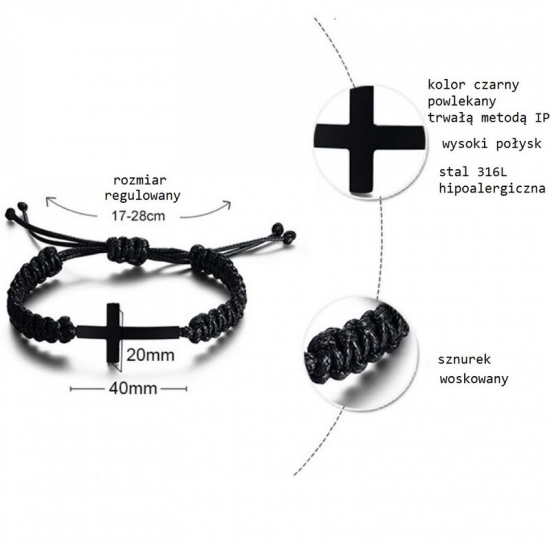 Bransoleta sznurek woskowany + czarny stalowy Krzyż