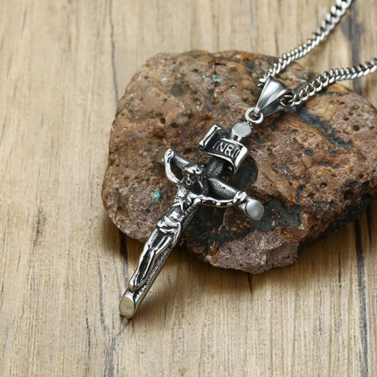 Krzyż religijny INRI stal 316L starożytne srebro