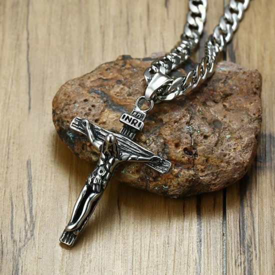 Krzyż Religijny z Jezusem Starożytne Srebro Stal 316L