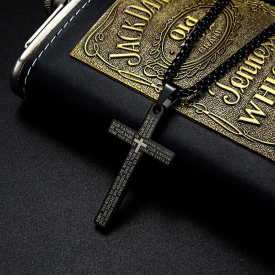 Czarna Zawieszka Krzyż Religijny z Modlitwą Stal