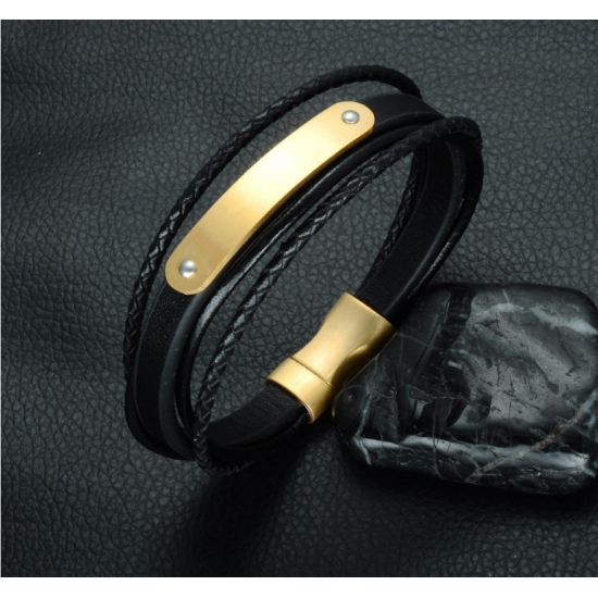 Elegancka bransoletka skórzana z możliwością personalizacji - złocona stal 316L